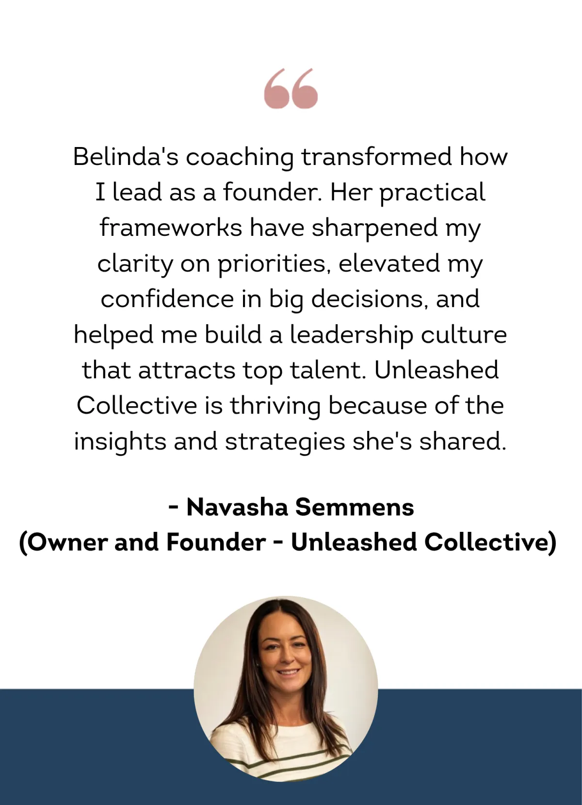 Navasha Semmens, Manager of Corporate Services, smiling headshot – client testimonial for Belinda Colubriale's high performance coaching