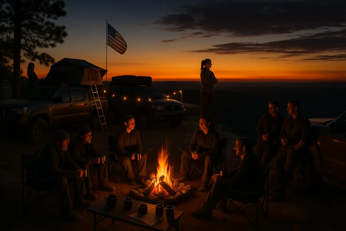 Veterans gathered around a campfire in the Minnesota wilderness