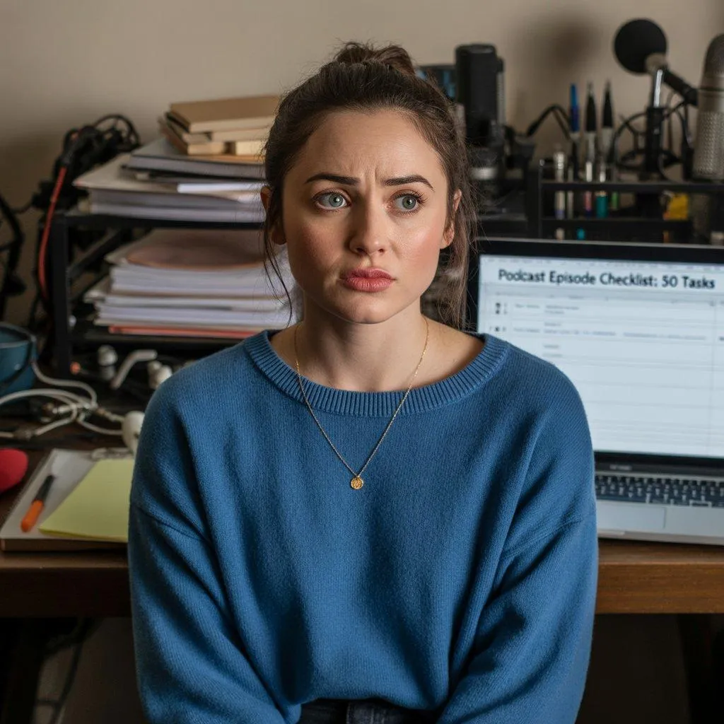 Woman looking stressed while podcasting, representing why most podcasts fail and podfade