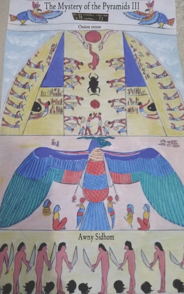 Book cover of 'The Mystery of the Pyramids III – Onion Stone' by Awny Sidhom, featuring a stylized golden pyramid under a deep blue sky with ancient Egyptian motifs and mysterious glowing symbols.