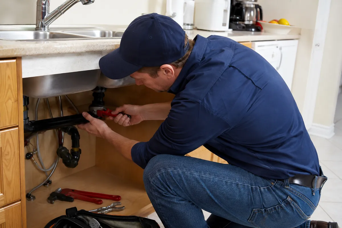 Licensed plumber repairing residential plumbing pipes.
