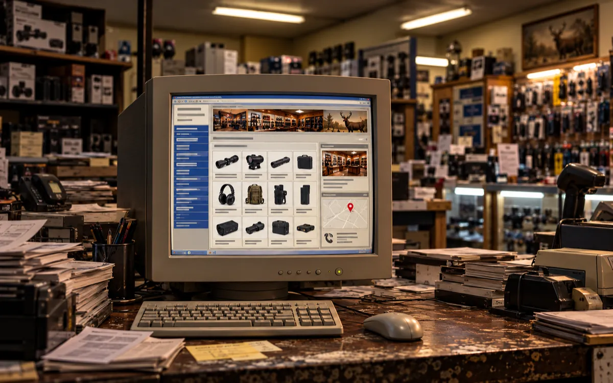 Outdated cluttered firearm website displayed on a legacy CRT monitor
