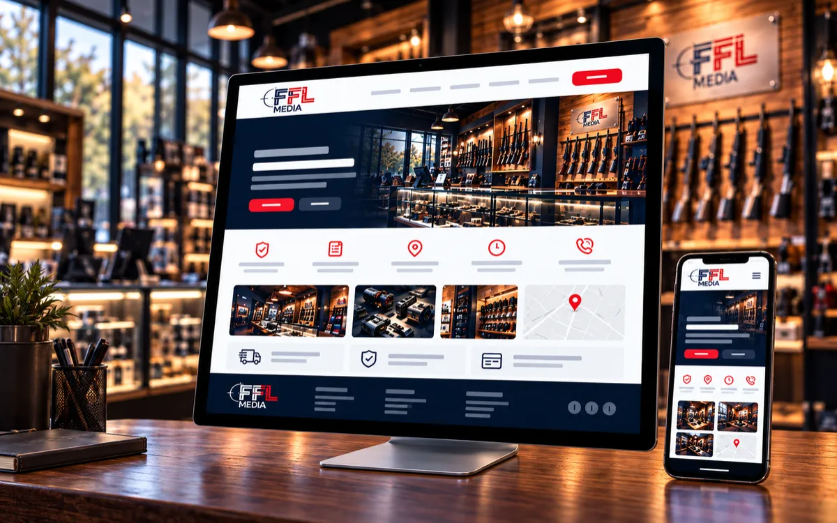 Sleek modern tactical FFL storefront website mockup on a high-end laptop with crimson lighting