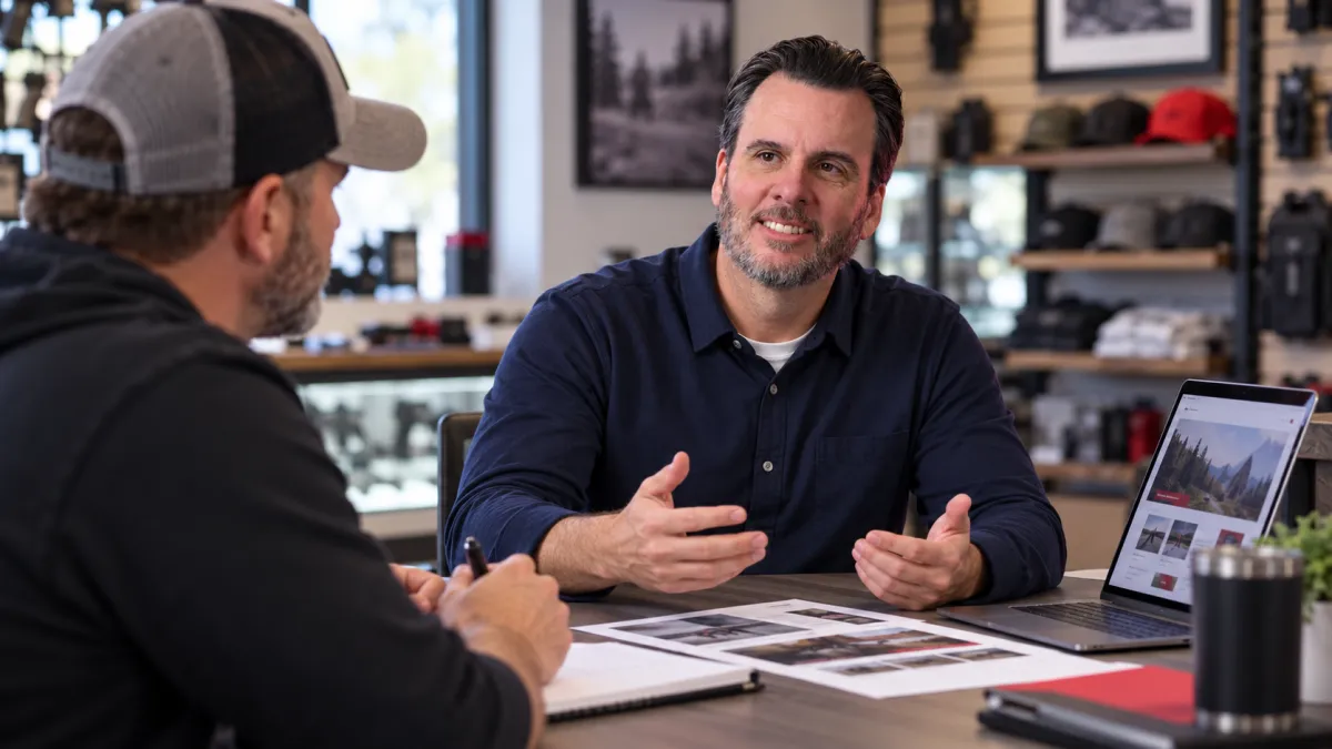 FFL Media representative discussing a digital storefront with firearms-store customers