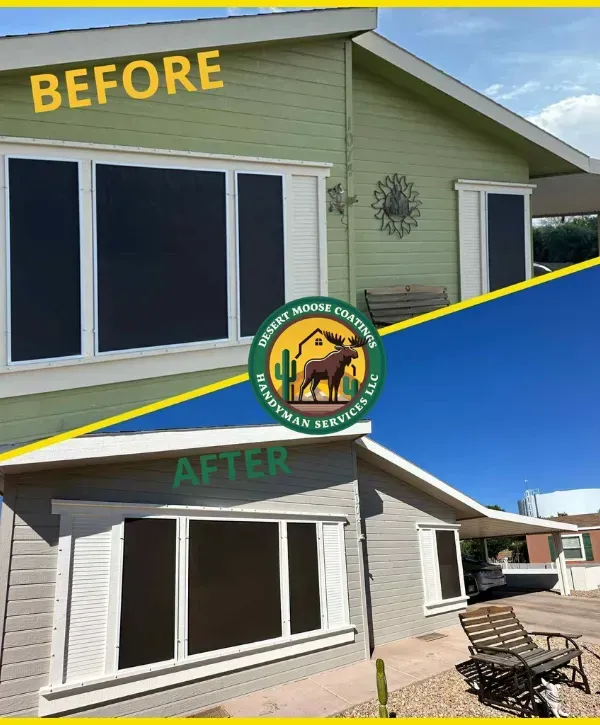 Before and after photo of house exterior painting by Desert Moose Coatings