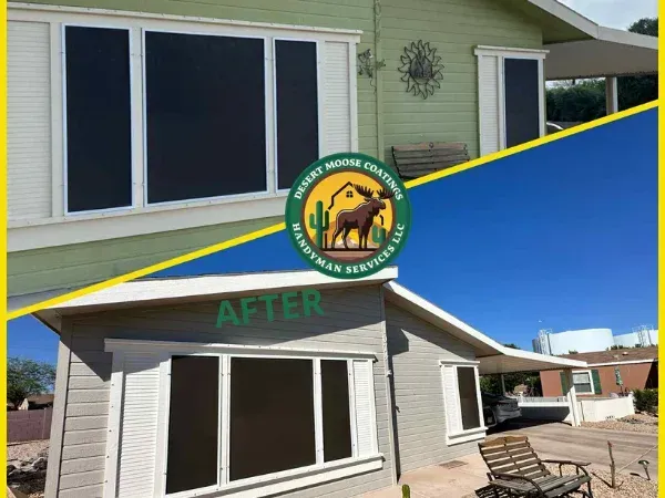 Before and after comparison of house painting project with Desert Moose Coatings logo