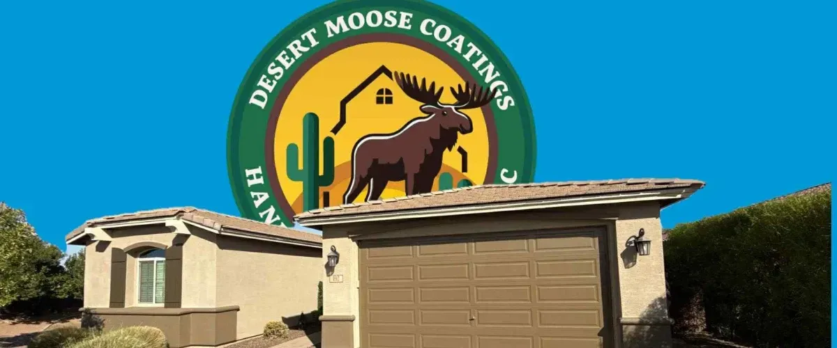 Desert Moose Coatings logo with house and cactus design on residential home background.