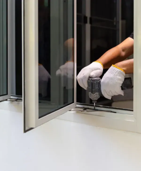 Worker using a power drill to repair or install a window frame while wearing safety gloves.