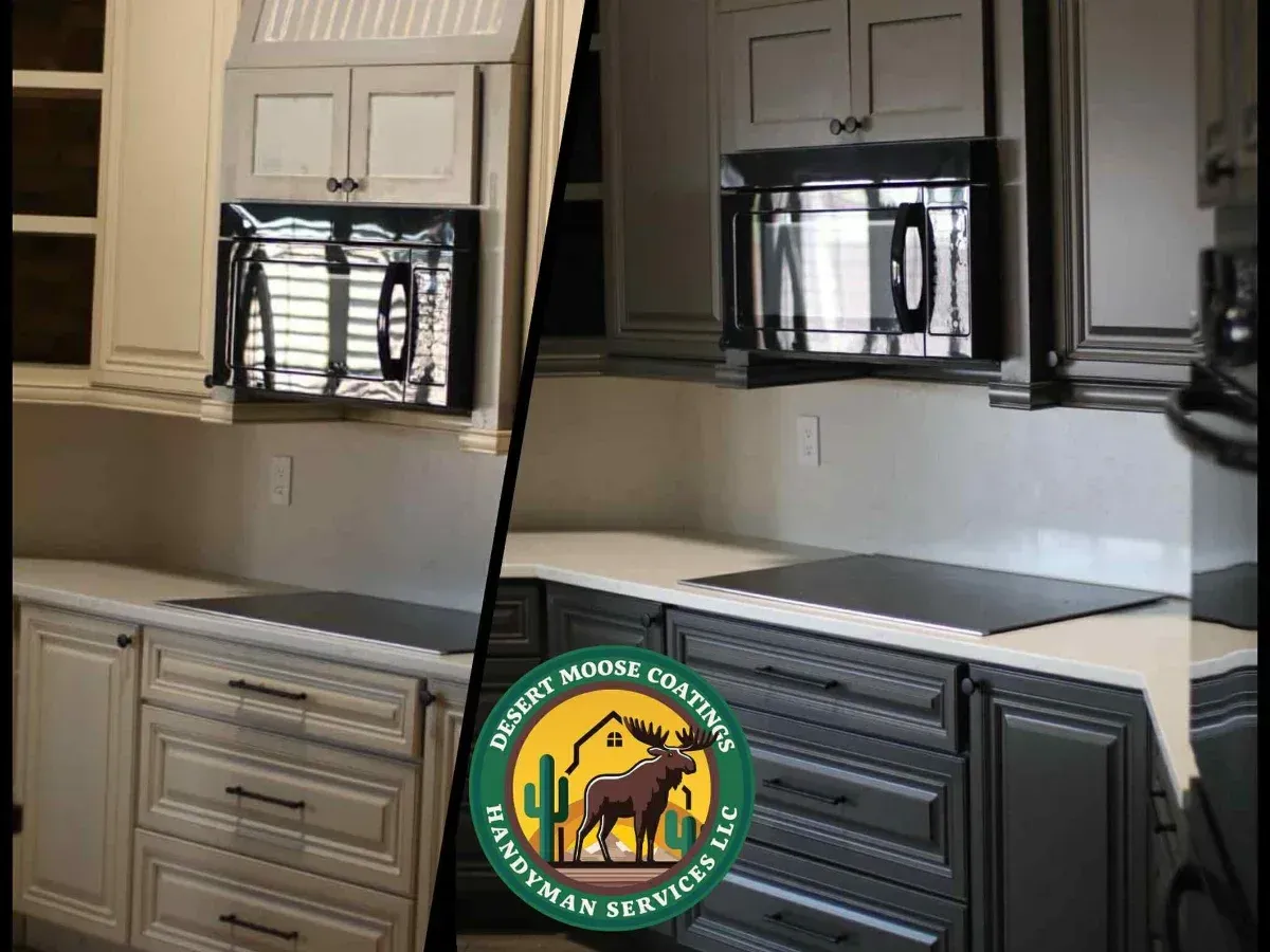 A split image shows kitchen cabinets and microwave before and after refinishing from light beige to dark gray.
