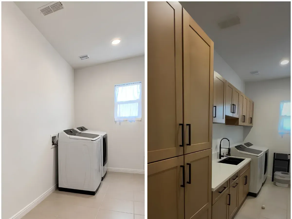 A modern laundry room with white walls, two white appliances, a window with sheer curtains, and light tile flooring.