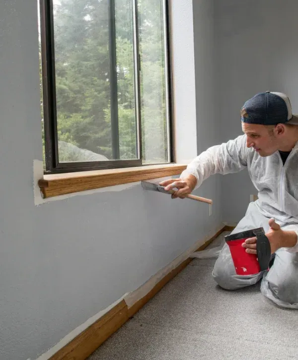 A man in a white suit and cap spackling a gray wall next to a window with green trees visible outside.