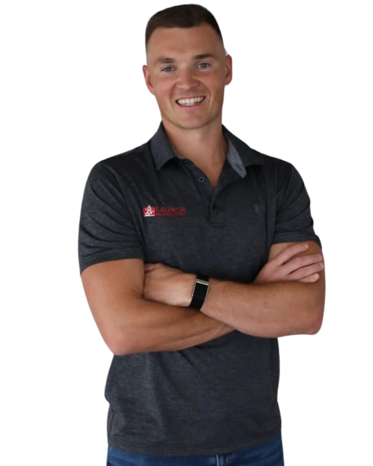 Real estate professional smiling with arms crossed representing Launch Homebuyers’ trusted home-buying services
