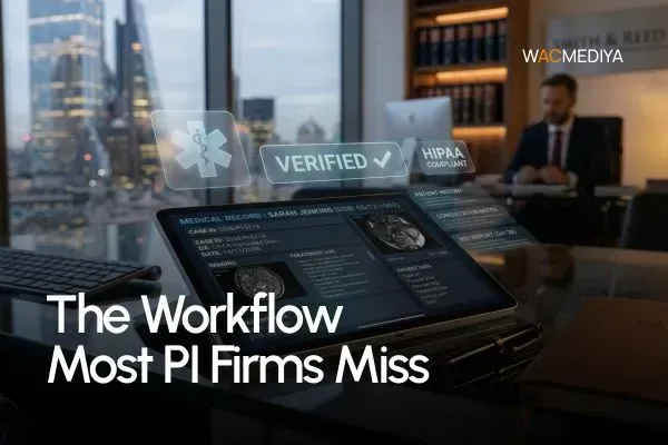 Automated medical records retrieval workflow for personal injury law firms showing phase triggers, automated follow-ups, and CRM sync.