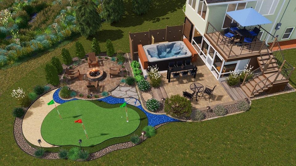 3D backyard design with putting green, curved patio, and outdoor entertainment zones