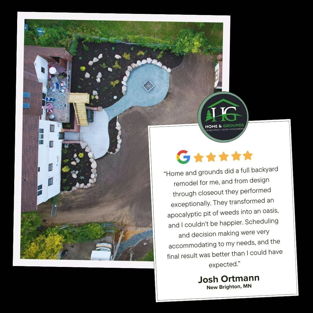 Completed backyard project overview with testimonial overlay
