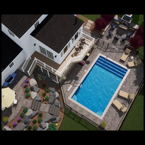 3D patio and pool design rendering showing backyard transformation plan