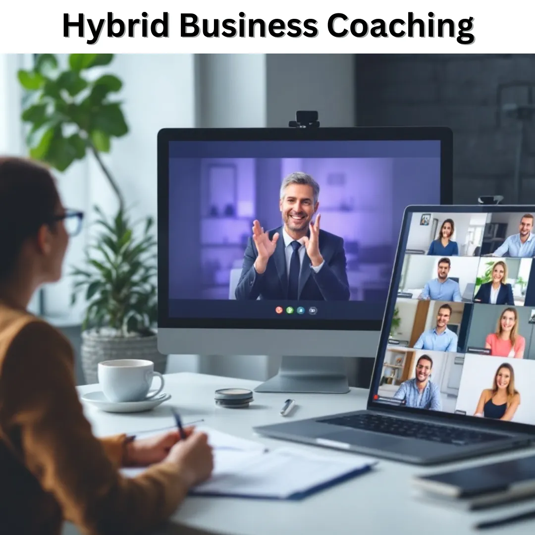 Hybrid Business Coaching: "Illustration of hybrid business coaching, combining online and in-person sessions for flexible learning and development."