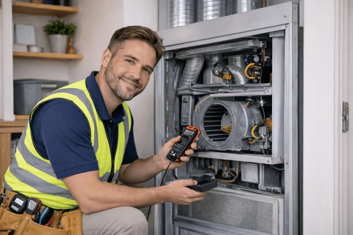 Heating engineer inspecting a domestic heating system inside a home