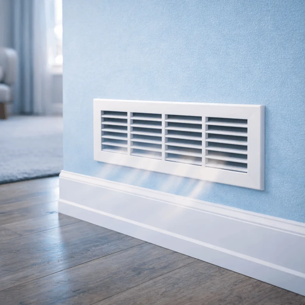 Wall-mounted warm air vent delivering even heating throughout a home