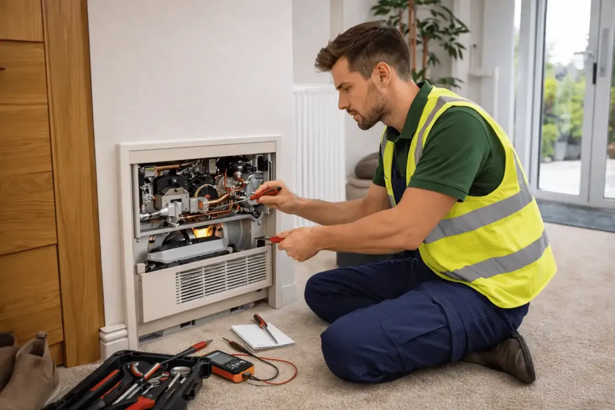 Heating engineer installing a home heating system