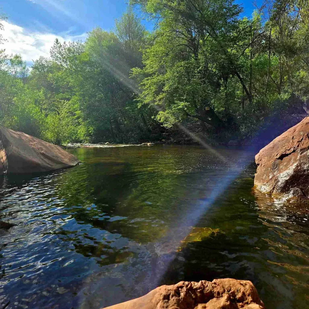 Serene body of water surrounded by rocks and lush, green trees in Sedona, Arizona.