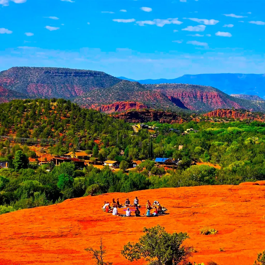 Beautiful view of the red and green scenery, with a group circle on the mesa.