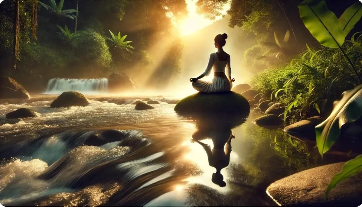 Woman meditating beside a glowing lantern near a forest stream, symbolizing clarity, stillness, and the integration of life’s opposites