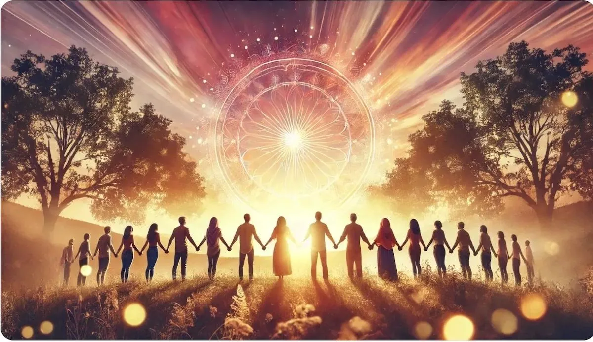 Light weavers holding hands in unity beneath a glowing sky, representing connection and harmony during global awakening