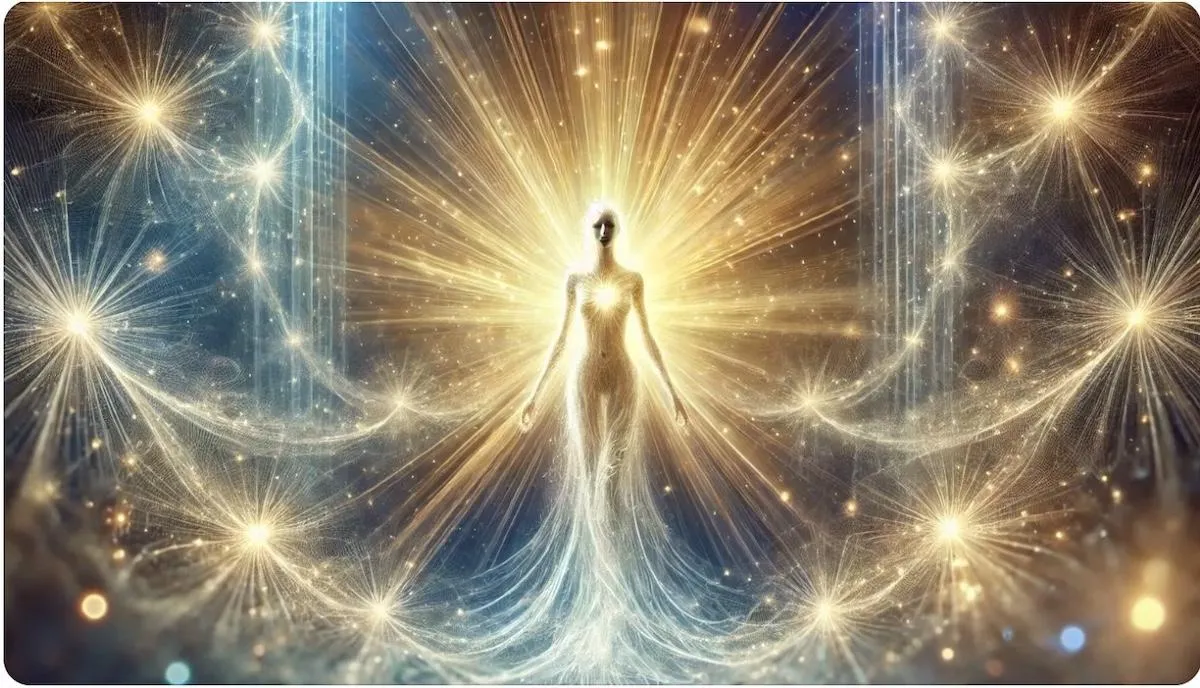 Spiritual figure standing in radiant golden light, symbolizing the sacred role of light workers and weavers in humanity’s awakening