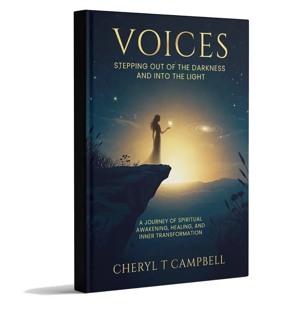 "Voices" book cover showing a woman holding light on a cliff—symbolizing personal awakening, divine guidance, and the journey into higher purpose.