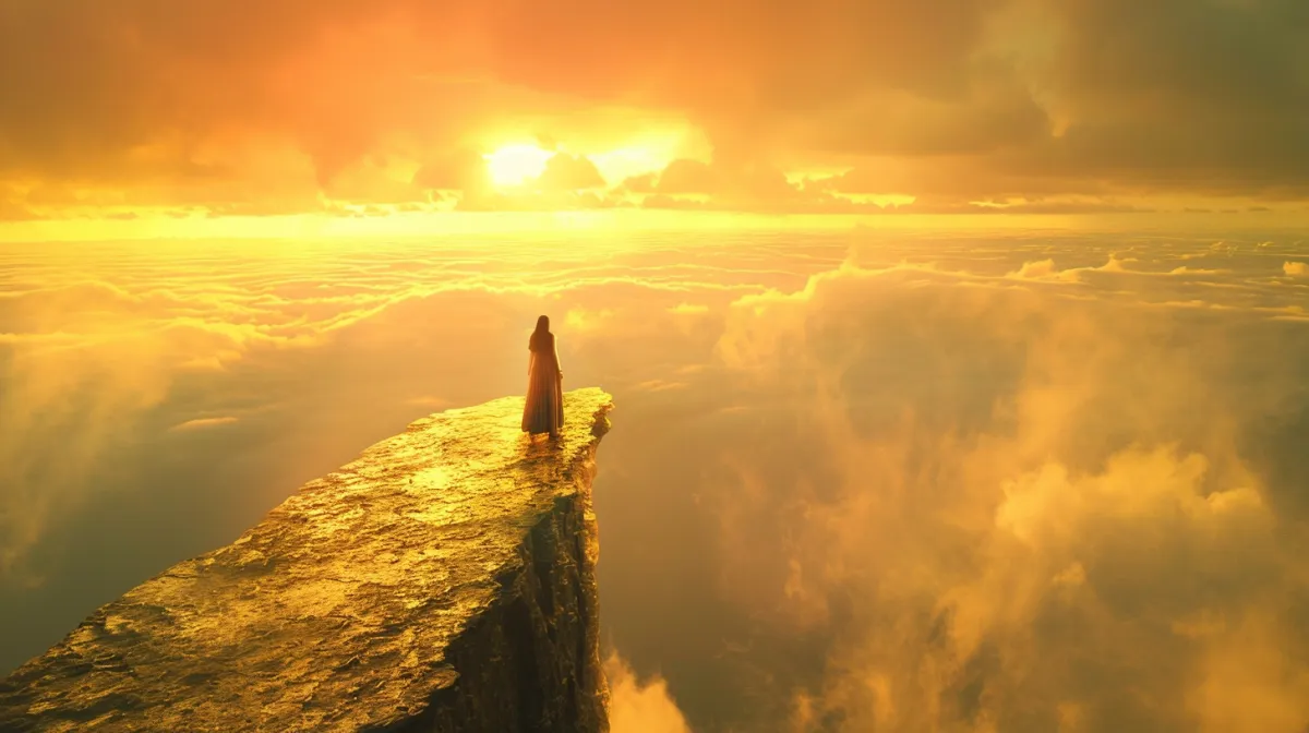 Woman standing on a golden cliff at sunrise, symbolizing clarity and confidence after overcoming fear.