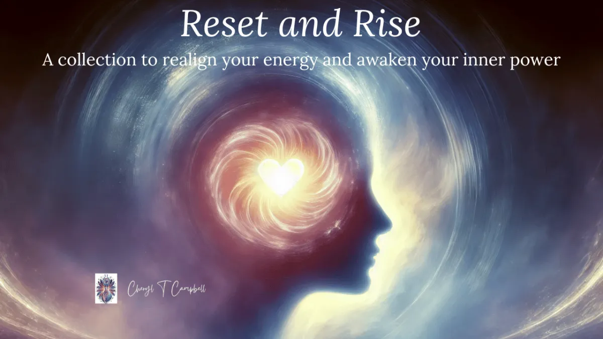 Spiritual silhouette with radiant heart-centered light vortex – Reset and Rise Bundle cover image promoting energy realignment and inner awakening