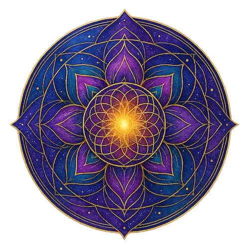 Vibrant digital mandala artwork in bold purples, golds, and cosmic blue tones, symbolizing spiritual awakening and unity.