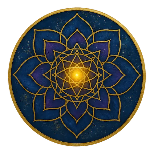 Digital mandala artwork in celestial tones of teal, gold, and soft violet, radiating symmetry and spiritual harmony.