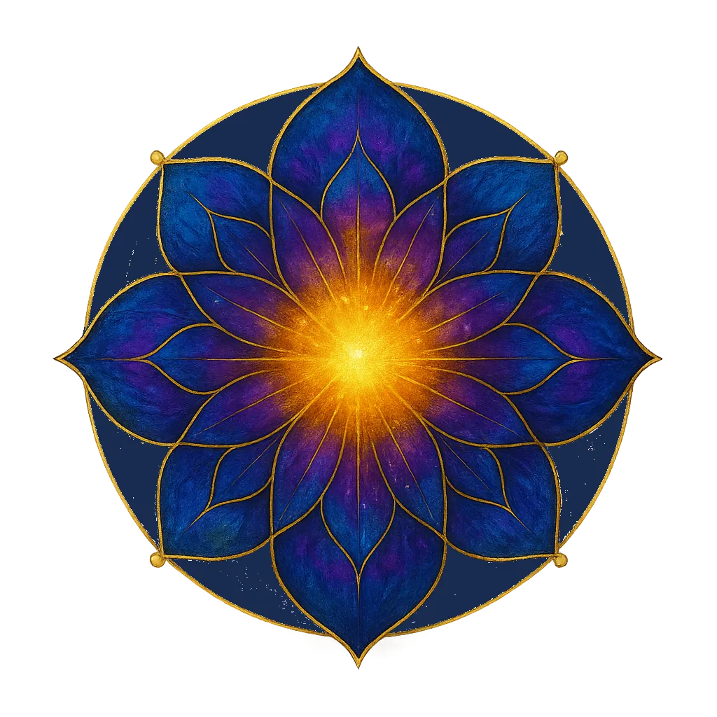 Vibrant digital mandala artwork in bold purples, golds, and cosmic blue tones, symbolizing spiritual awakening and unity.