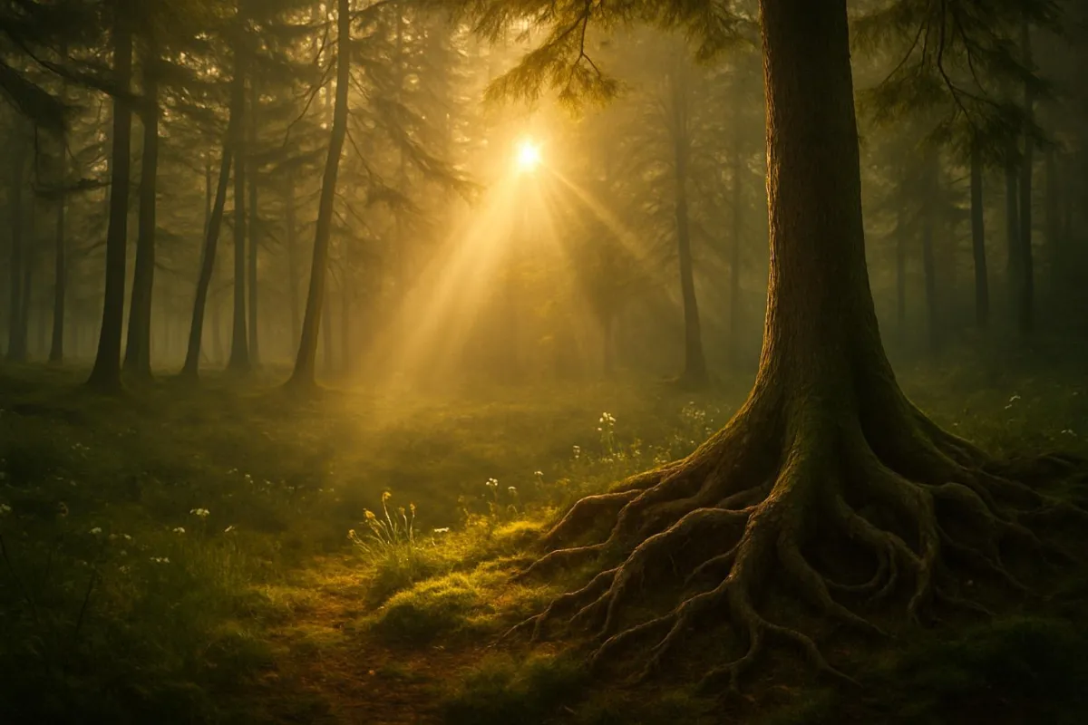 Golden sunrise filtering through a misty forest, illuminating tree roots and soft moss, symbolizing resilience, grounding, and renewal.