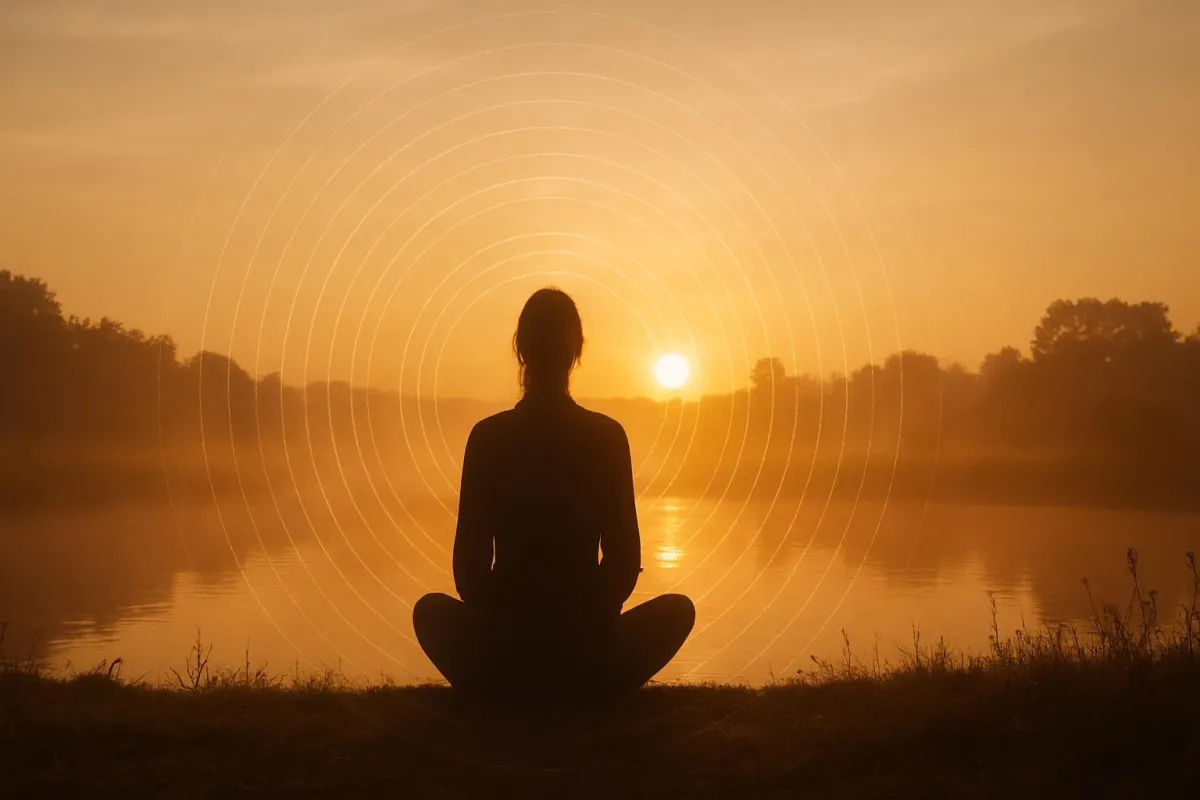 Silhouette of a woman meditating at sunrise by a calm lake, with soft light ripples radiating outward, symbolizing inner coherence informing the surrounding field.