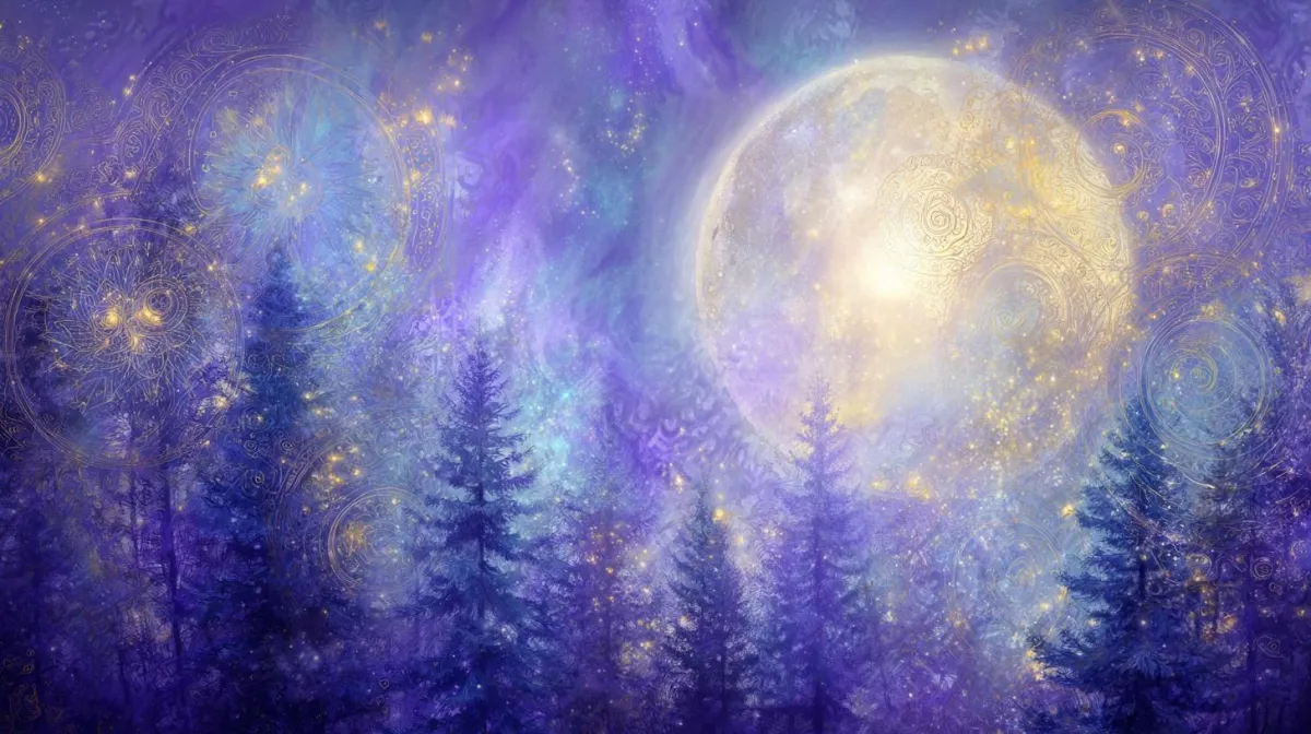 Luminous moon and glowing spirals over a twilight forest — a visual representation of divine awakening and cosmic alignment.
