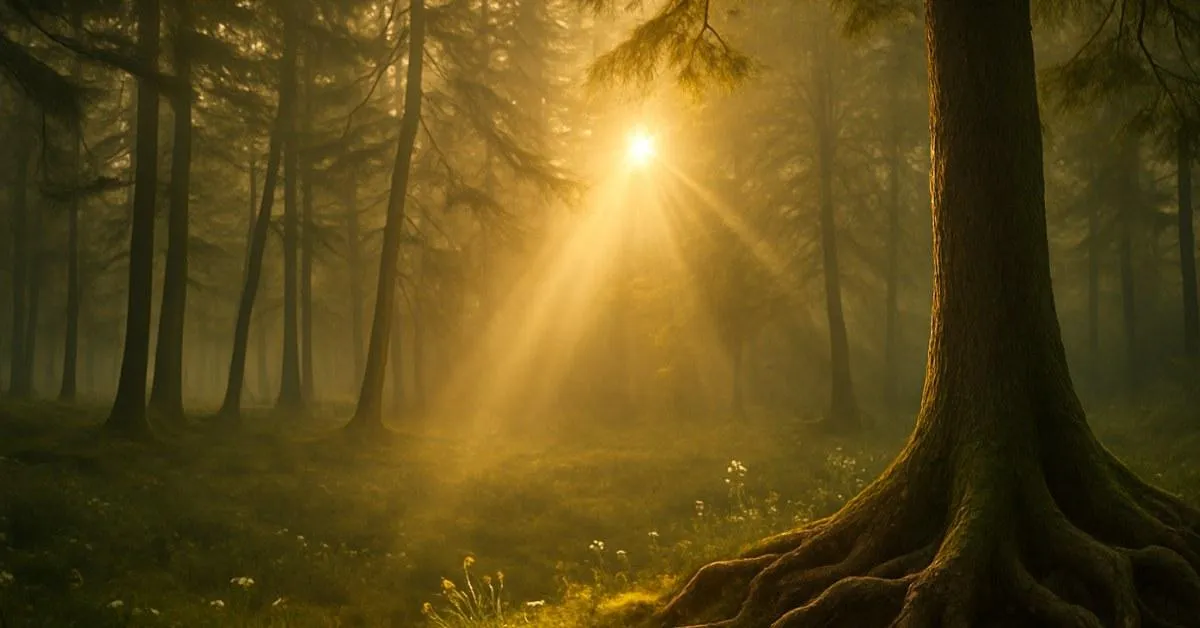 Soft morning light shining through a tranquil forest, highlighting strong tree roots and misty air — symbolizing resilience, renewal, and the quiet power of presence.