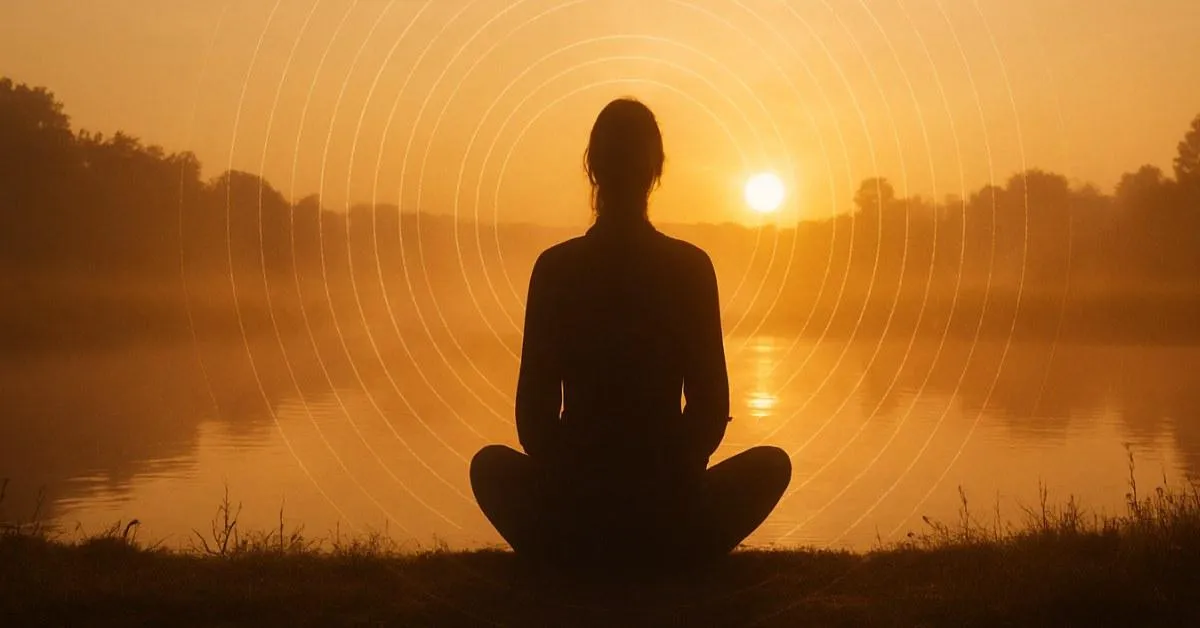 A silhouette meditates at sunrise, radiating soft golden waves of light into the surrounding mist — a visual metaphor for inner alignment and collective coherence.