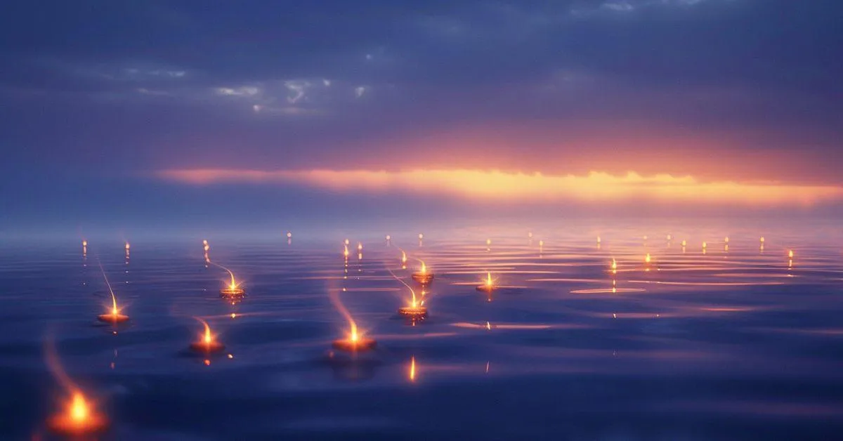 Golden lights floating over still water at sunset, reflecting how every word carries energy and shapes the world around us.