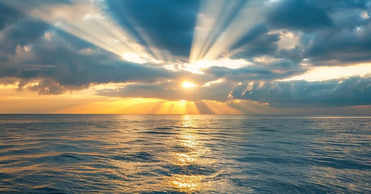Sunlight breaking through clouds over the ocean, symbolizing clarity, divine guidance, and trust in the whispers within.
