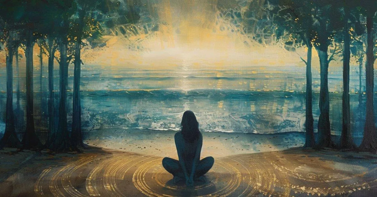 Gentle sunrise where forest meets ocean, soft golden light — symbolizing balance, alignment, and new beginnings.