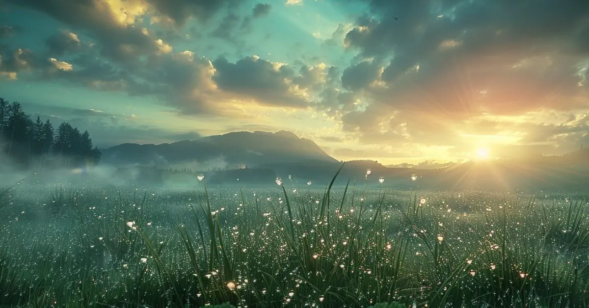 Soft sunrise over dew-covered meadow with gentle mist, evoking renewal, peace, and the grounded light of awakening.