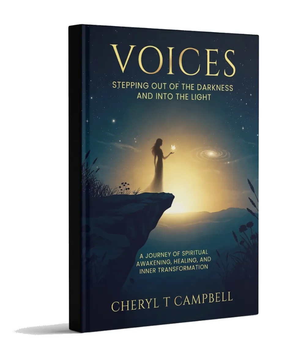 "Voices" book cover showing a woman holding light on a cliff—symbolizing personal awakening, divine guidance, and the journey into higher purpose.