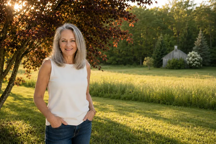 Cheryl T. Campbell standing beneath a maple tree overlooking a meadow at her home in Connecti