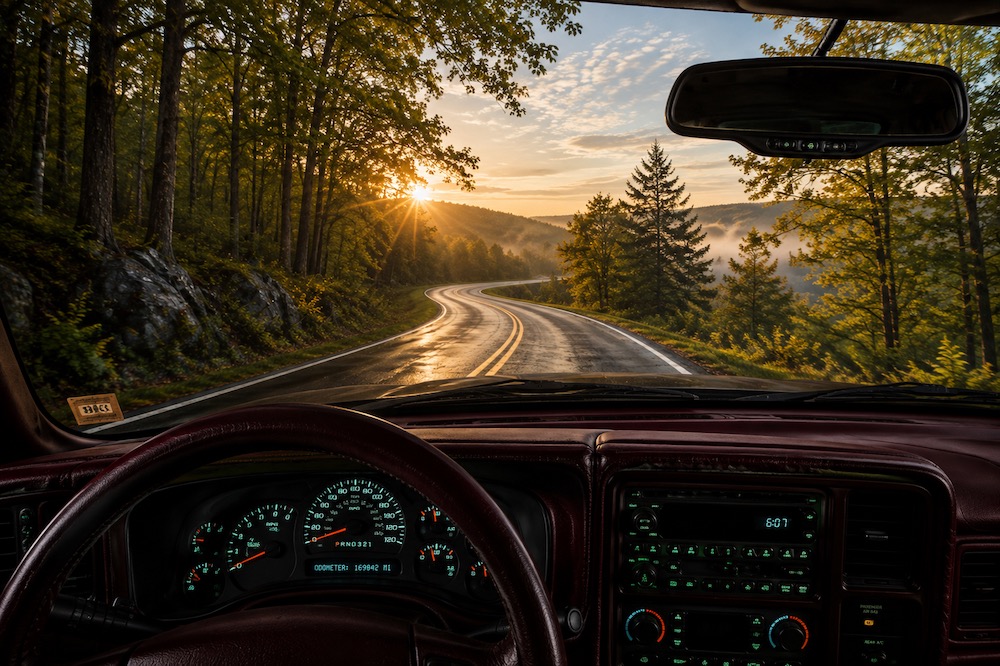 View from inside a Suburban as the winding road ahead becomes clearly visible after the fog has lifted.