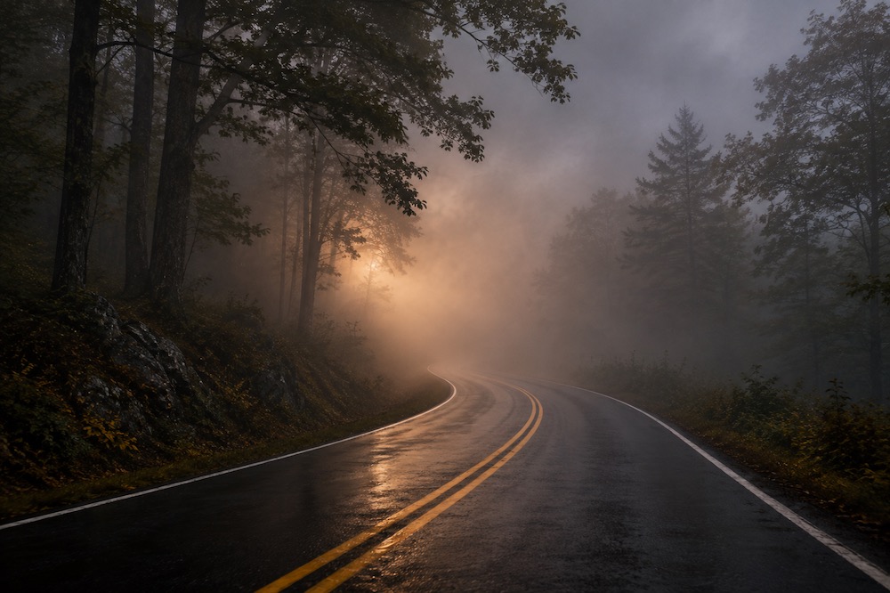 Winding country road gradually emerging as dense fog begins to lift.