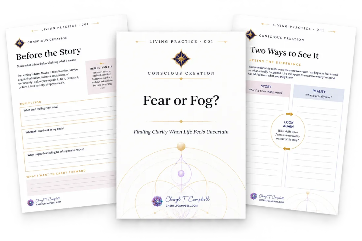 Three-page preview of the Fear or Fog? Living Practice, featuring the cover and reflection exercises for noticing feelings and separating story from reality.
