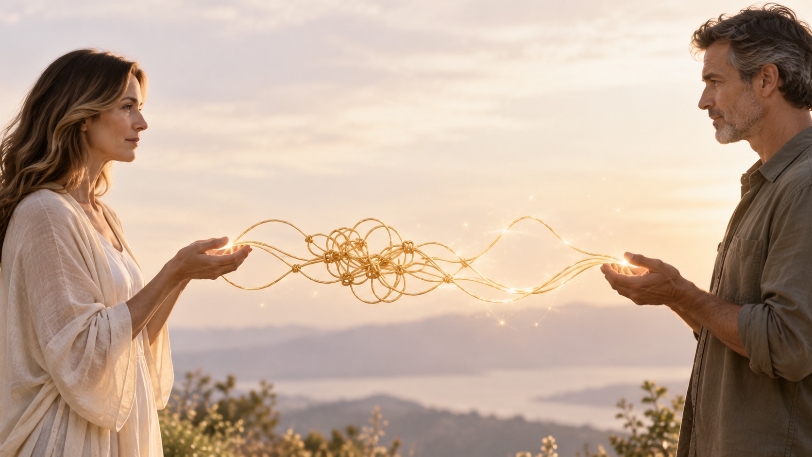 Two people face one another with a tangled golden cord between them, symbolizing emotional attachments and relationship patterns.